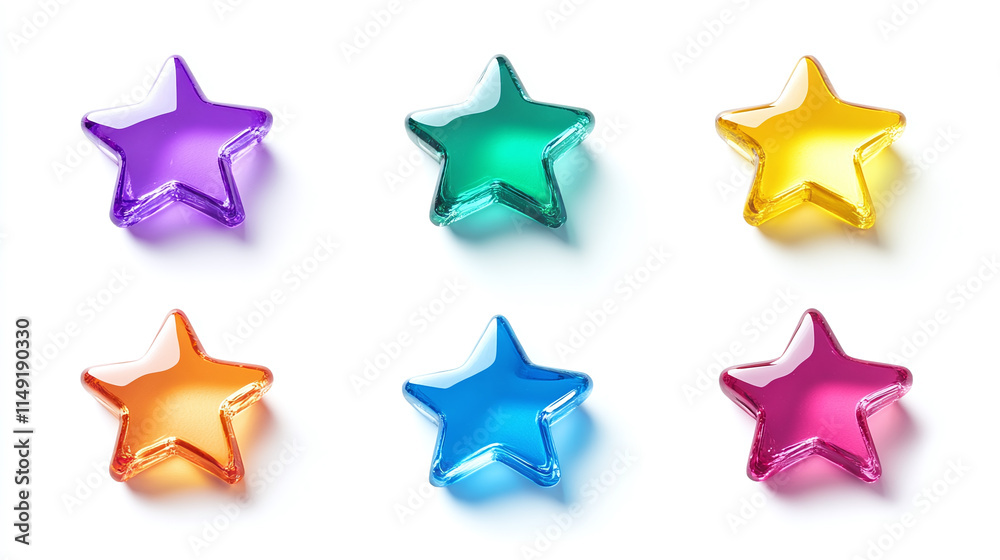 Obraz premium Set of colorful shiny glossy star shape isolated on white background. decoration graphic design element, childish geometric icon art, kid, creative, green, blue, yellow, orange, purple, red.