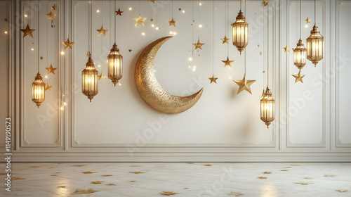 A serene room adorned with golden lanterns, stars, and a crescent moon for a festive ambiance.