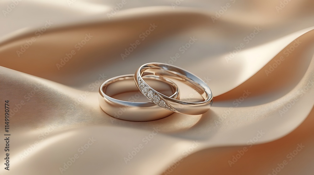 Elegant wedding rings displayed on satin fabric romantic setting Elegant wedding rings displayed on satin fabric romantic setting