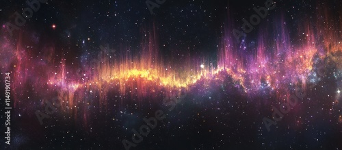 Soundwave with cosmic colors, stars and galaxies in background, space theme,  photo