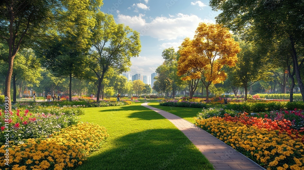 Fototapeta premium Sunlit park path with vibrant flowerbeds and trees.