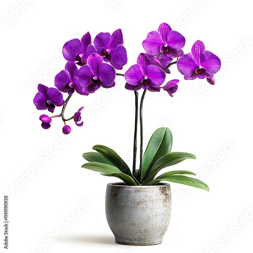 purple orchid plant in a ceramic pot with green leaves isolated on white background photo