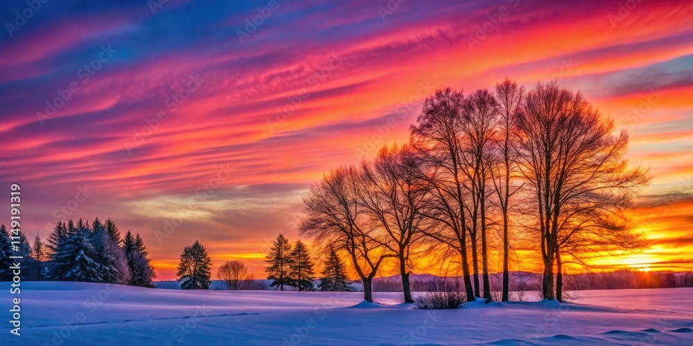 Obraz premium A serene winter scene: low light silhouettes of trees framed by a vibrant pink and orange sunset sky.