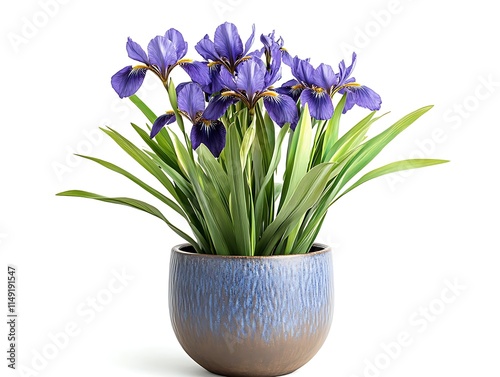 purple iris plant in a small decorative pot isolated on white background photo