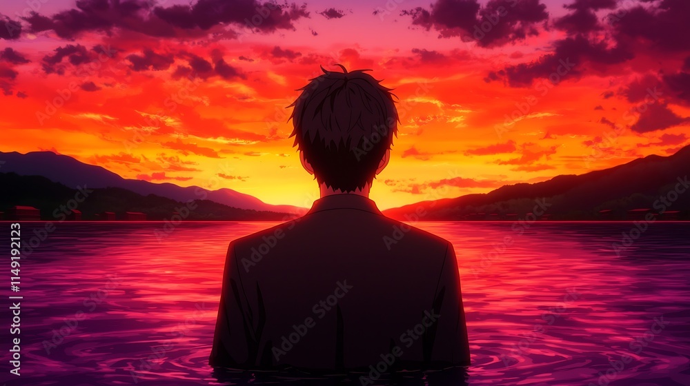 Man watches vibrant sunset over calm lake, mountains in background. Man watches vibrant sunset over calm lake, mountains in background.