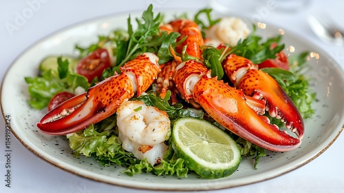 Delicious lobster salad with fresh greens, tomatoes, and lime. photo