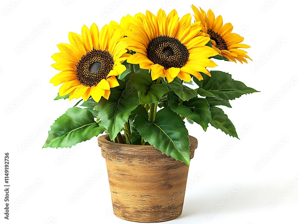 Obraz premium bright sunflower plant in a wooden pot isolated on white background