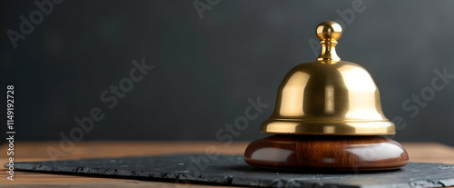 Elegant golden service bell on dark wood,  a symbol of hospitality and service excellence.