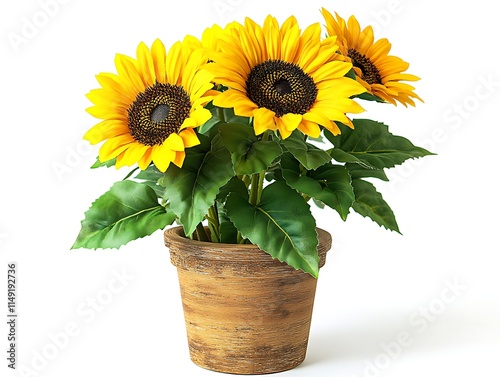 bright sunflower plant in a wooden pot isolated on white background