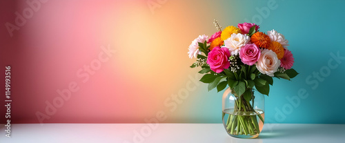 Vibrant bouquet of roses, gerberas, and dahlias in a glass vase, set against a pastel pink and teal background. A feast for the eyes!