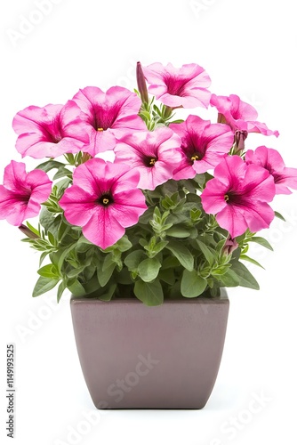 pink petunia plant in a square ceramic pot isolated on white background photo