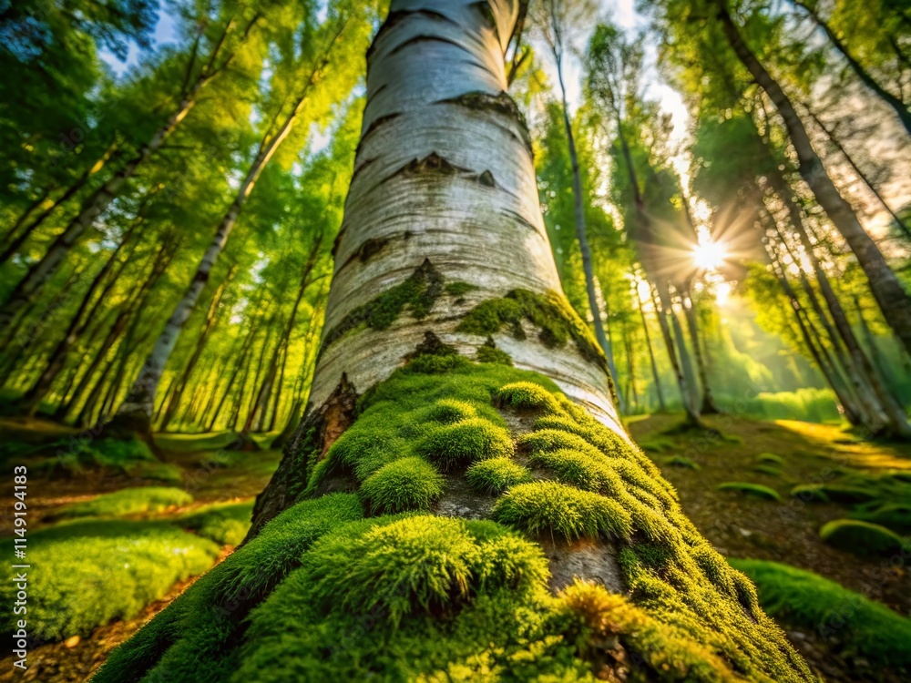 Fototapeta premium Majestic Birch Tree Moss Forest Photography, Rule of Thirds, Nature Image, Green Moss, White Birch Bark, Woodland Scene, Forest Background