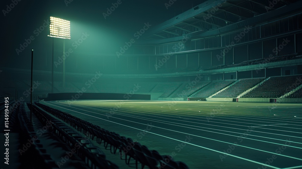 Obraz premium Night at the Stadium: A Solitary Spotlight Illuminates Empty Bleachers and Track