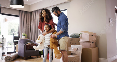 Real estate, moving in and family with new home, child and boxes for property. Happy parents, girl and together with mortgage, apartment and future investment or beginning with excited kid and wow