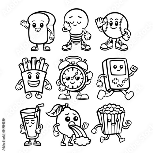 Black Line Doodle Retro Cartoon Character, Such as Bread, Light Bulb, Baseball, French Fries, Clock, Game, Water in Glass, Lemon, and Popcorn on white background. Vector illustration.