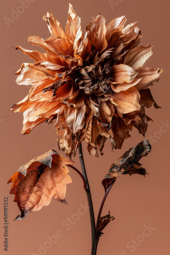 Elegance of Decaying Beauty Dried Dahlia Flower on Brown, Fine Art Still Life Photography