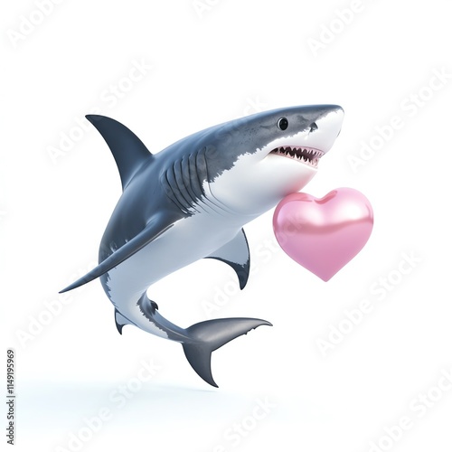 A cartoon shark holding a pink heart, symbolizing love and affection in a playful way. photo