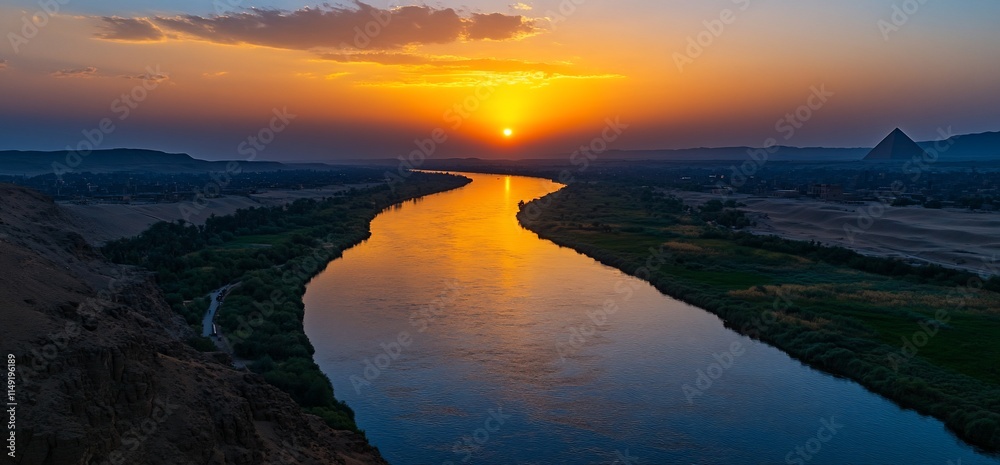 Sunset over Nile River with pyramid in the distance. Sunset over Nile River with pyramid in the distance.