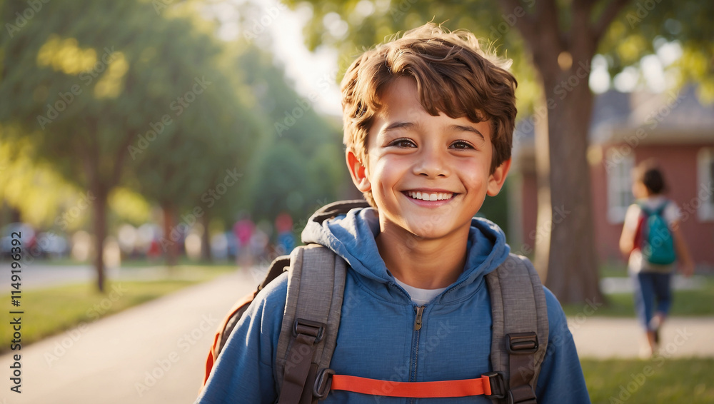 A Happy and Smiling Little Boy Carrying a Backpack with Excitement A Happy and Smiling Little Boy Carrying a Backpack with Excitement
