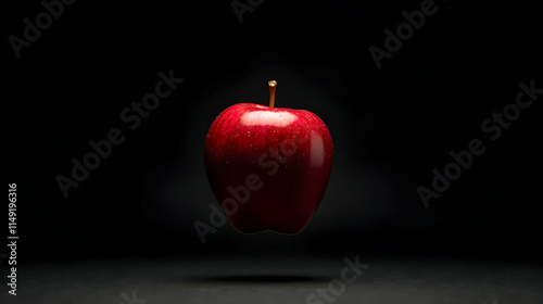 A crimson apple, seemingly suspended in the void, casts a subtle shadow on a dark surface.  A captivating study in contrast and form. photo