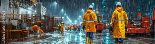 Vibrant construction site with workers in raincoats during nighttime