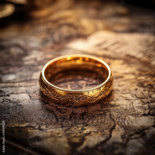 Intricately designed gold ring on vintage map background photo