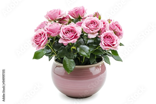 bright pink rose plant in a round ceramic pot isolated on white background photo