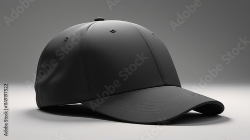 3D mockup of a black baseball cap, featuring a sleek and minimalist design, ideal for branding or merchandise presentation photo