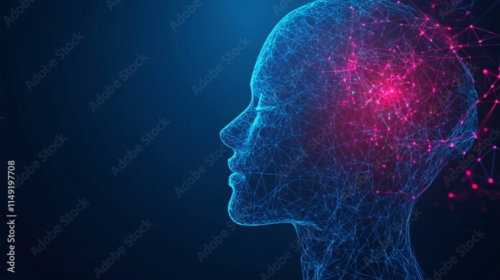 Artificial intelligence and machine learning concept. Human head with polygonal network connection with copy space. Artificial intelligence and machine learning concept. Human head with polygonal network connection with copy space.