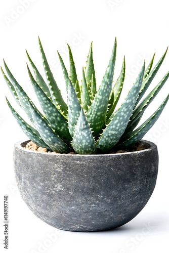 single aloe vera plant in a round stone pot isolated on white background photo