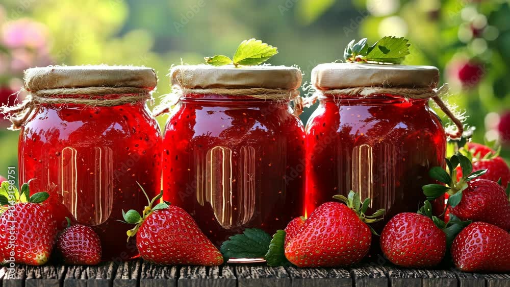 Freshly made strawberry jam jars displayed outdoors with ripe strawberries in natural light