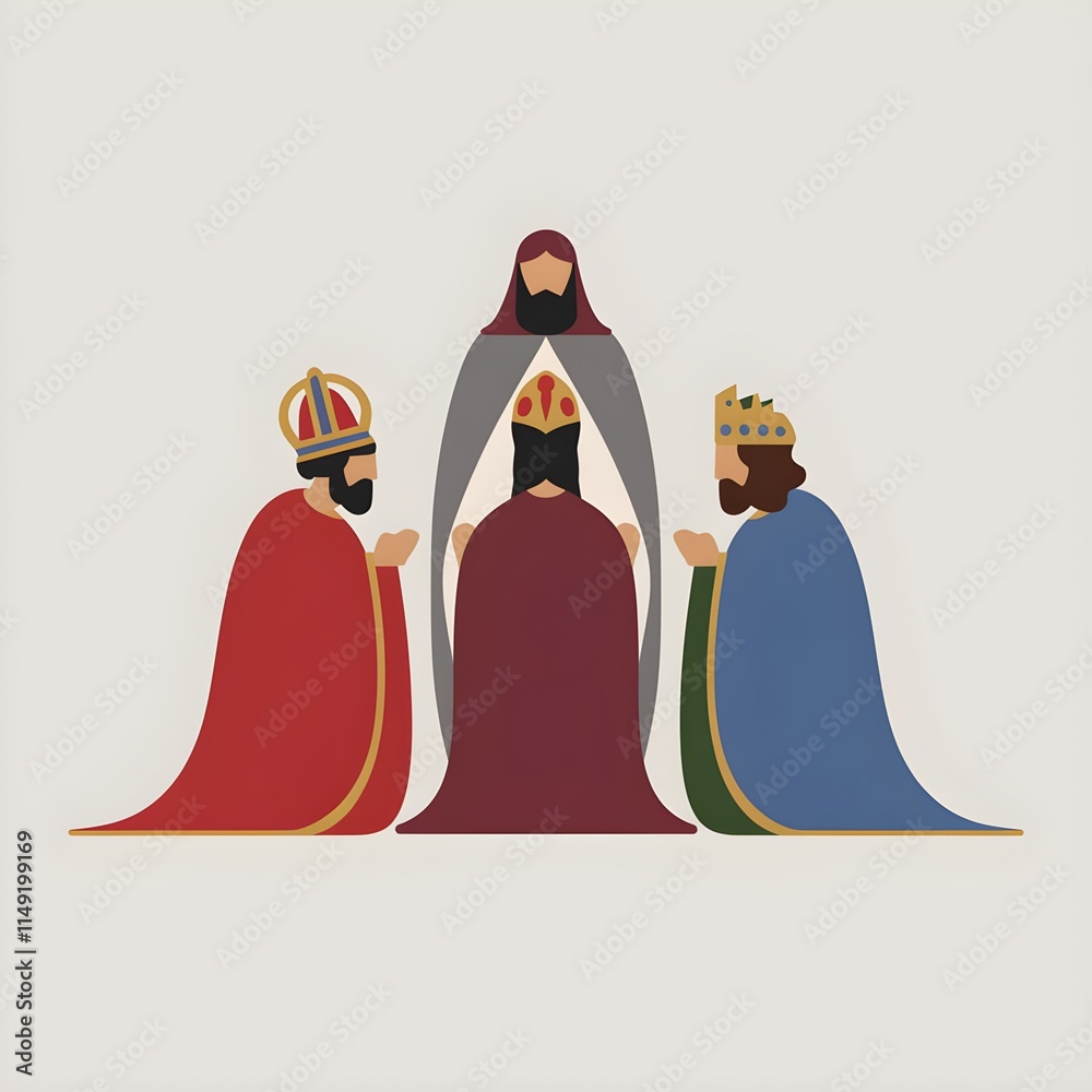 Obraz premium Three kings sit on the ground, one holding a crown, symbolizing power and unity among them.