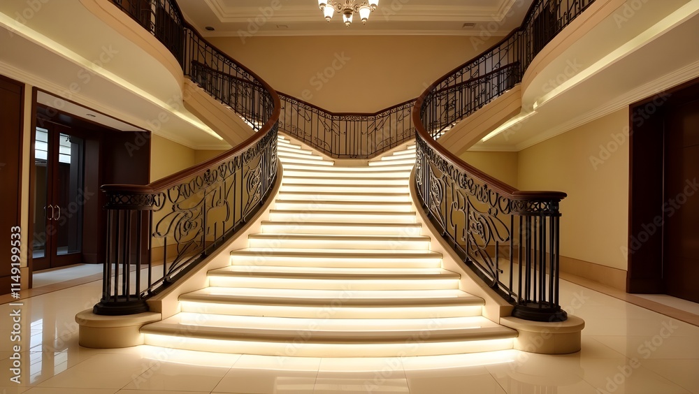 An elegant staircase in a hotel lobby with artistic railings and soft lighting An elegant staircase in a hotel lobby with artistic railings and soft lighting