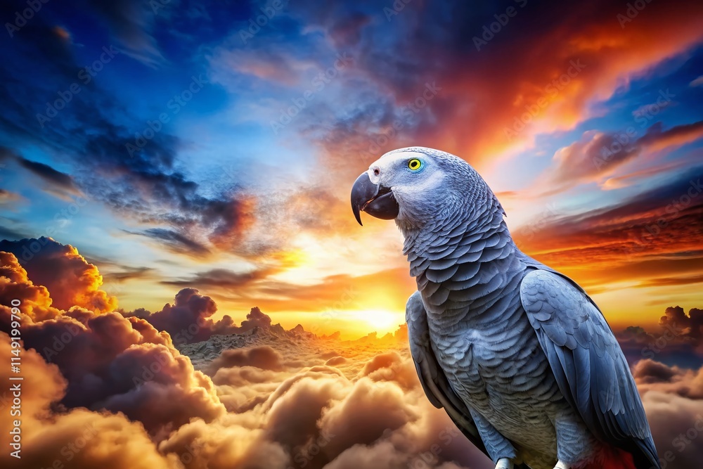 Fototapeta premium Majestic Grey Parrot Soaring: Mystical Avian Odyssey Stock Photo
