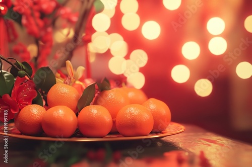 Fresh oranges and cherry blossoms with festive bokeh background