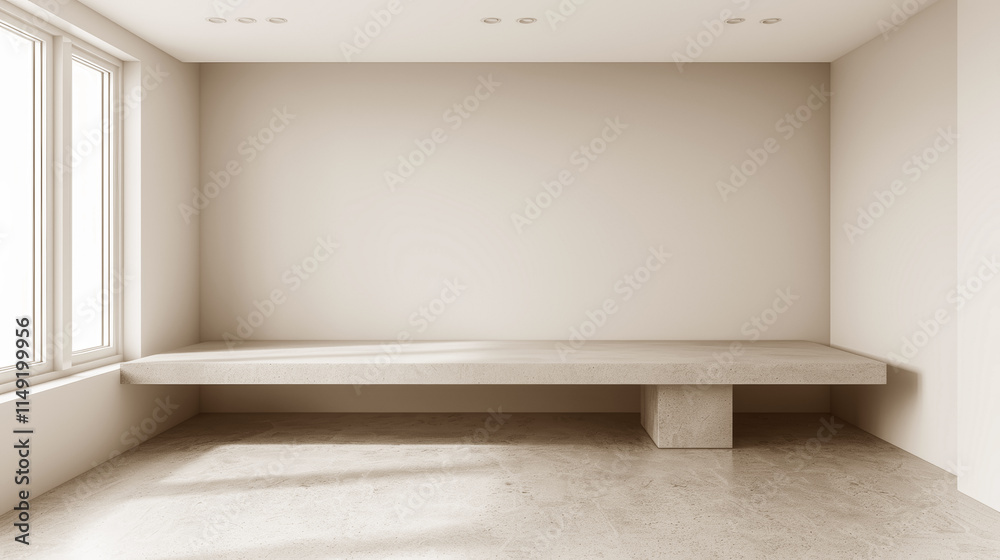 Fototapeta premium Modern Minimalist Interior with Concrete Bench, Empty Room, Natural Light, Concrete Floor