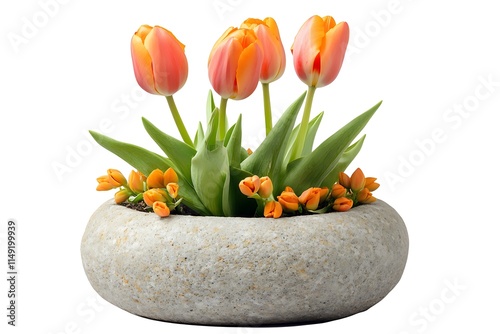 bright orange tulip plant in a round stone pot isolated on white background photo