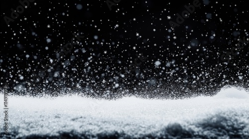Winter snowfall scene shows snowflakes falling on dark background. Snowfall appears to intense. Snow on ground also shown. Image shows winter weather. Great template for seasonal design. Perfect for