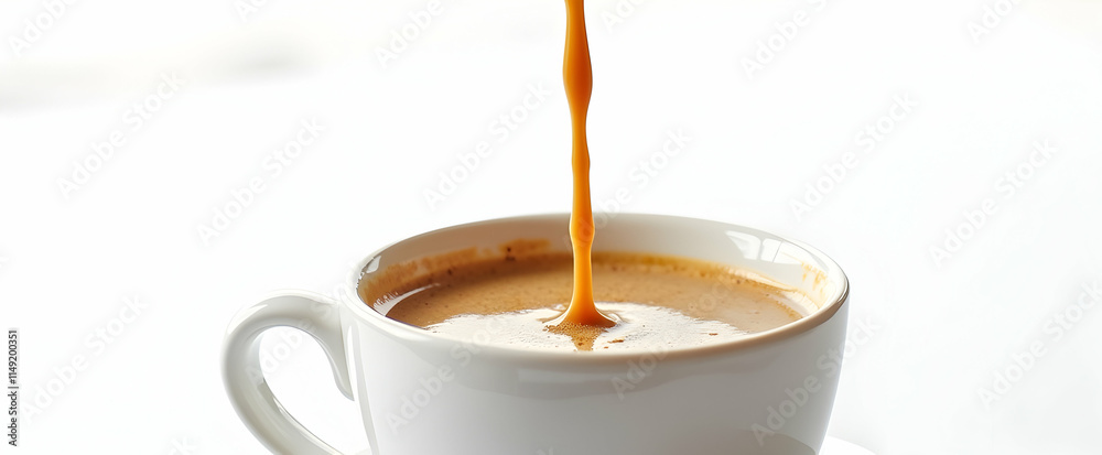 Indulge in the rich aroma! Coffee pouring into a pristine white cup, creating a captivating visual experience. Indulge in the rich aroma! Coffee pouring into a pristine white cup, creating a captivating visual experience.