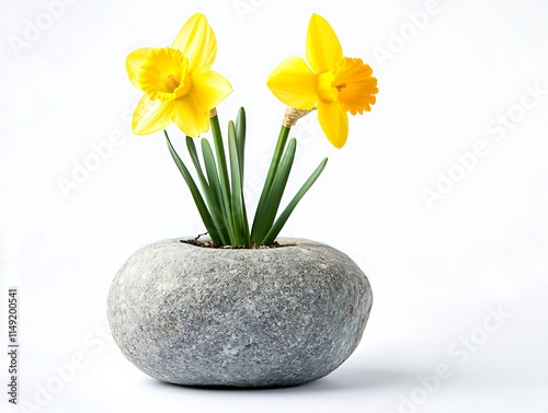 yellow daffodil plant in a small stone pot isolated on white background photo