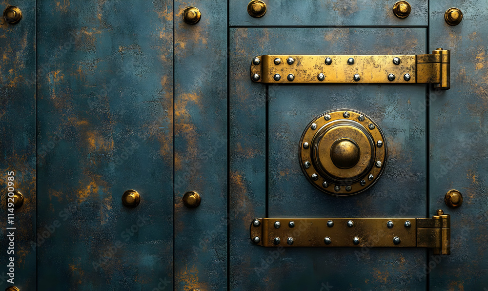 Fototapeta premium A detailed close-up of a metallic door with brass accents and rivets.