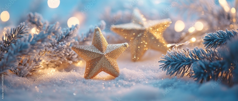 Sparkling gold stars nestled in snowy fir branches with soft lights. Sparkling gold stars nestled in snowy fir branches with soft lights.