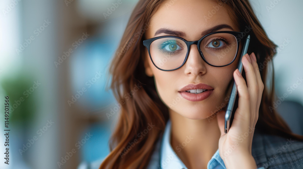 A focused female professional in formal attire uses her mobile phone for a work call in a modern office setting.