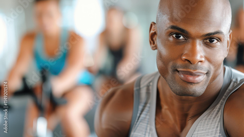 A fit man leads a vibrant cycling class, surrounded by diverse individuals, showcasing energy and health in the gym. photo