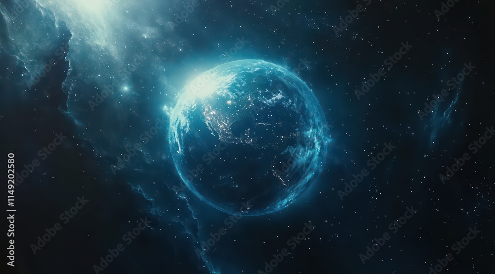 Naklejka premium A wide-angle view of Earth from orbit, with blue rays, stars, a sunlit horizon. The planet's surface glow against a dark, gradient backdrop. Ideal for space exploration, celestial photography. 