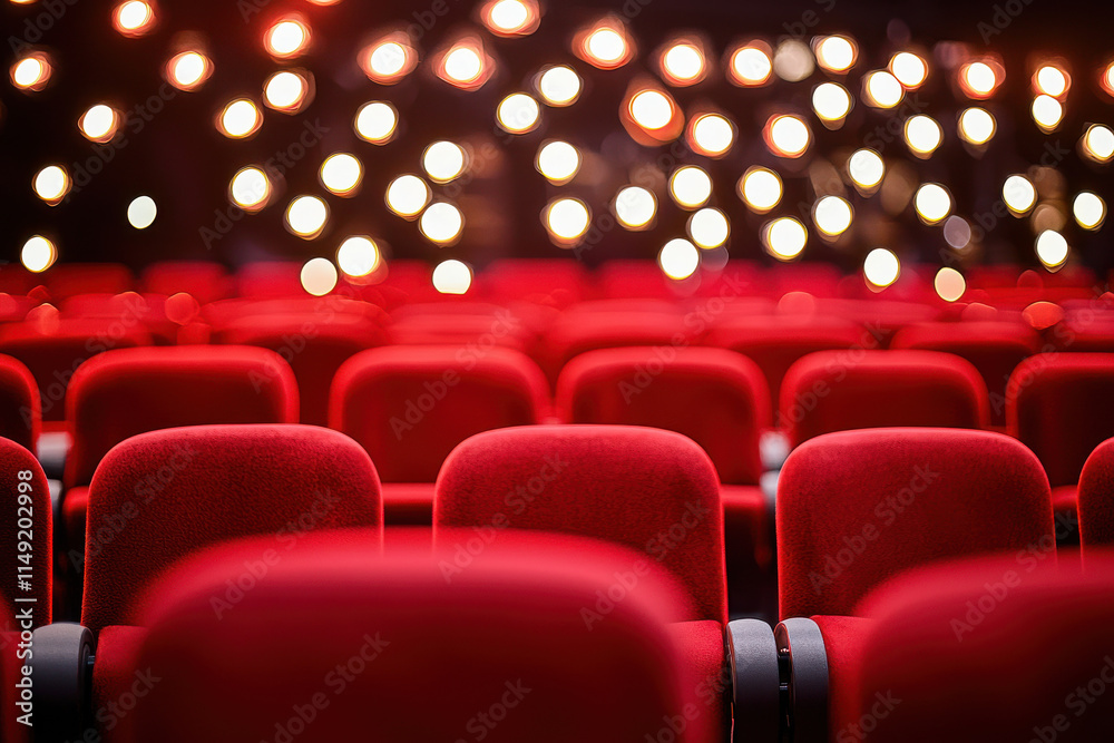 Fototapeta premium Red theater seats with glowing lights create cinematic atmosphere