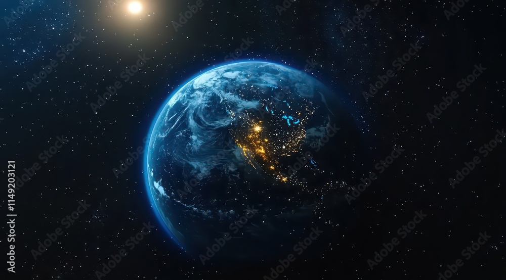 Fototapeta premium The Earth with blue rays, stars, and a glowing sun. Seen from orbit, its surface lights and horizon create a cosmic spectacle. Ideal for space, planetary views. 