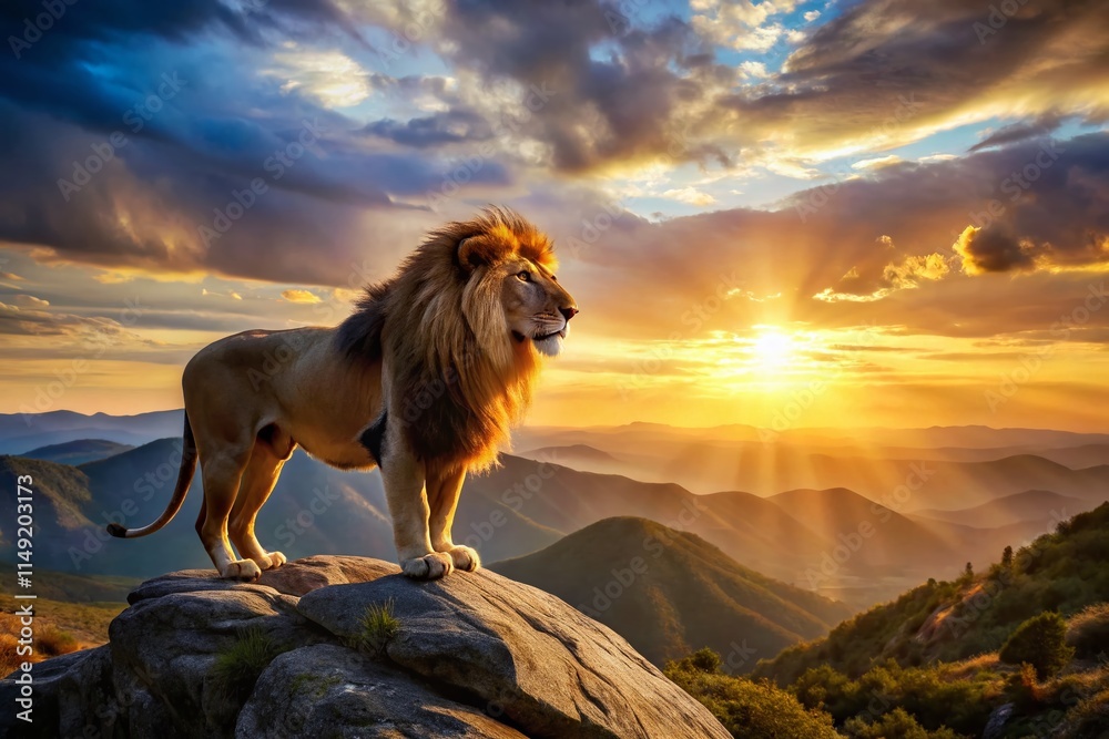 Majestic Lion Silhouette on Mountain Peak at Sunset - Wildlife Photography Majestic Lion Silhouette on Mountain Peak at Sunset - Wildlife Photography