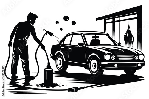 A black and white drawing of a man washing a car