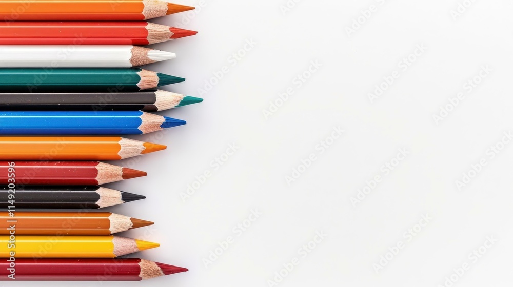 Vibrant colored pencils neatly arranged on a white background, inviting creativity and inspiration in every stroke. Vibrant colored pencils neatly arranged on a white background, inviting creativity and inspiration in every stroke.